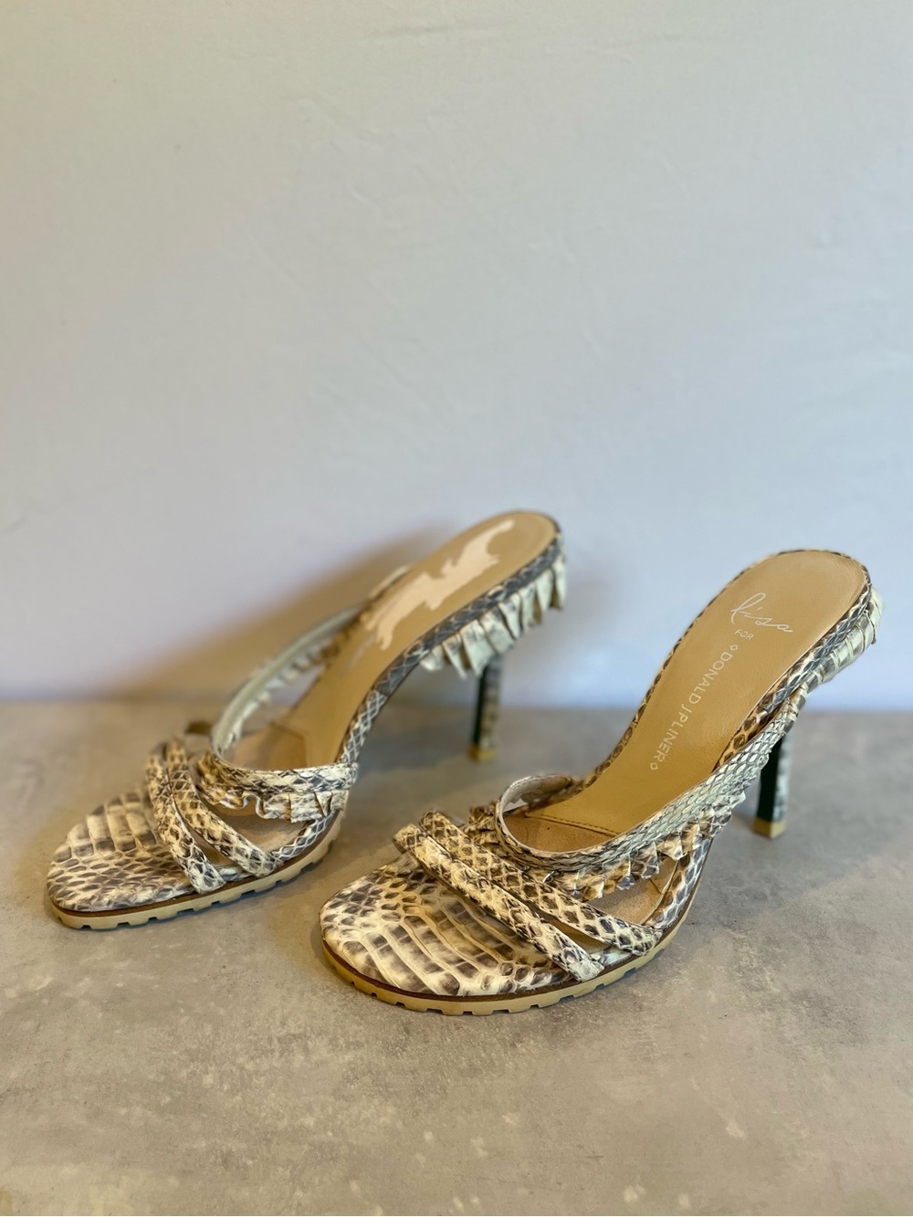 Lisa for Donald J. Pliner Beige Snake-Print High Heel Mules - size 6